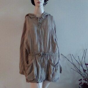 Eileen Fisher Hooded Pure Irish Linen Coat Three Seasons Size XL Drawstring Hood